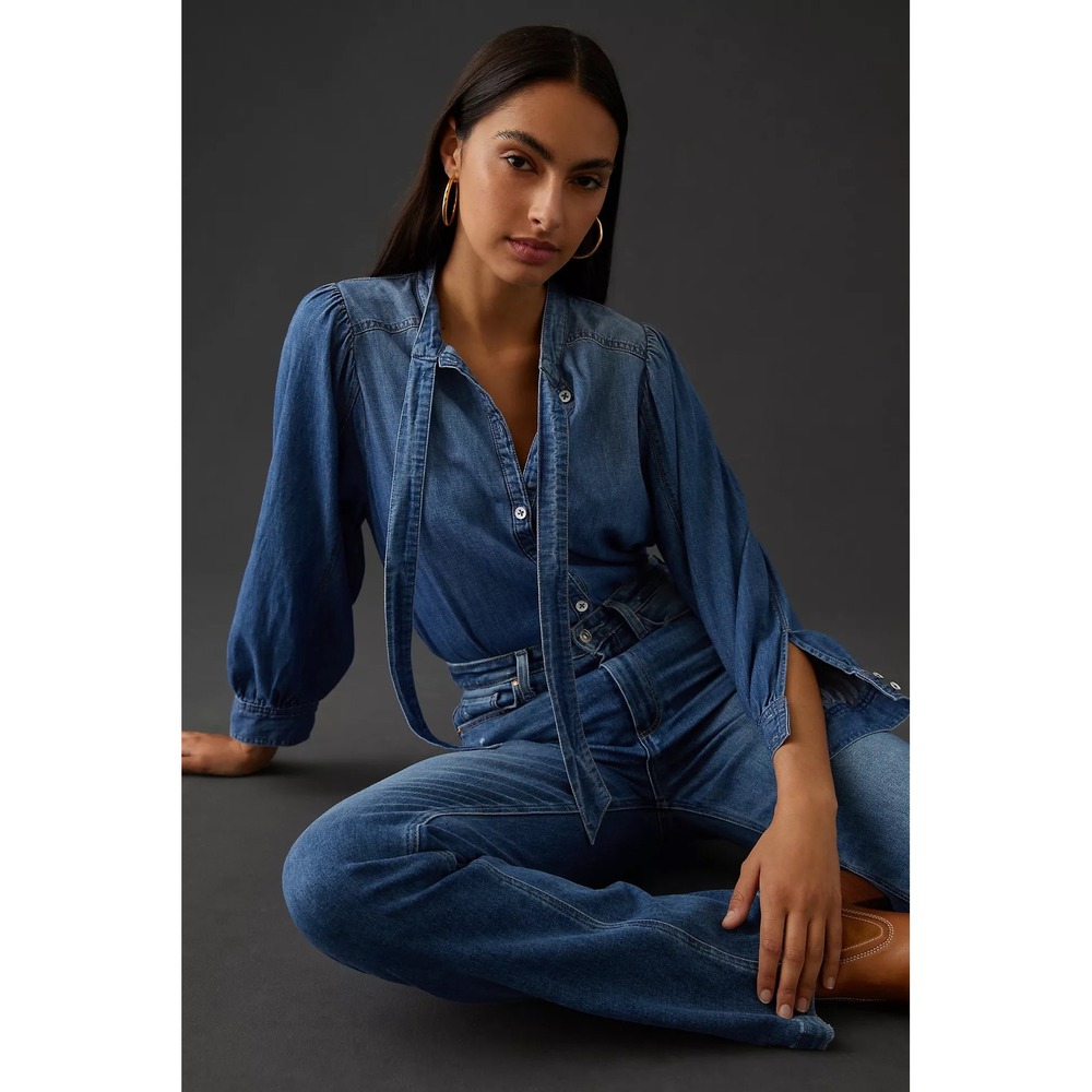 Pilcro Anthropologie Tie Neck Denim Blouse Blue Cotton Chambray Top Size‎ M